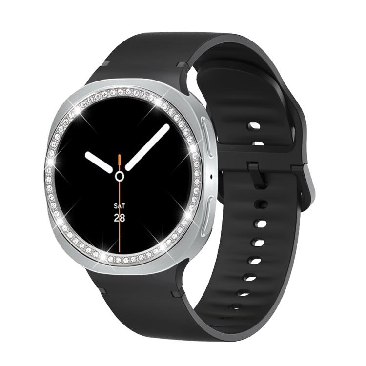 For Samsung Galaxy Watch8 44mm Diamond Bezel and Solid Color Stitched Silicone Watch Band(Black Silver)