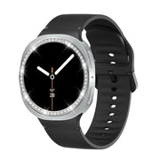 For Samsung Galaxy Watch8 44mm Diamond Bezel and Solid Color Stitched Silicone Watch Band(Black Silver)