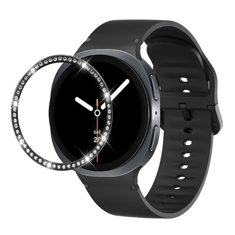 For Samsung Galaxy Watch8 44mm Diamond Bezel and Solid Color Stitched Silicone Watch Band(Black Black)