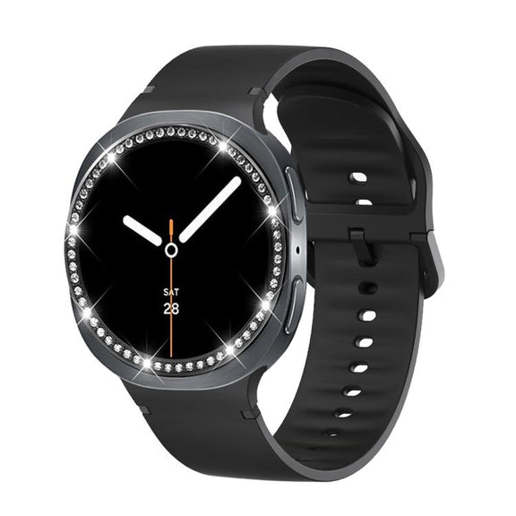 For Samsung Galaxy Watch8 44mm Diamond Bezel and Solid Color Stitched Silicone Watch Band(Black Black)