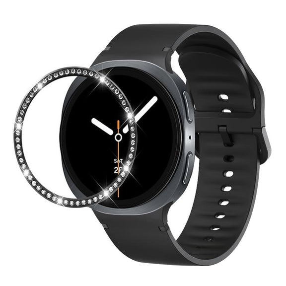 For Samsung Galaxy Watch8 44mm Diamond Bezel and Solid Color Stitched Silicone Watch Band(Black Black)