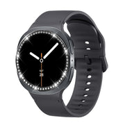 For Samsung Galaxy Watch8 44mm Diamond Bezel and Solid Color Stitched Silicone Watch Band(Dark Gray Black)