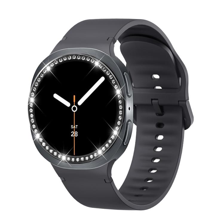 For Samsung Galaxy Watch8 44mm Diamond Bezel and Solid Color Stitched Silicone Watch Band(Dark Gray Black)