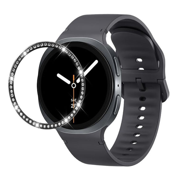 For Samsung Galaxy Watch8 44mm Diamond Bezel and Solid Color Stitched Silicone Watch Band(Dark Gray Black)