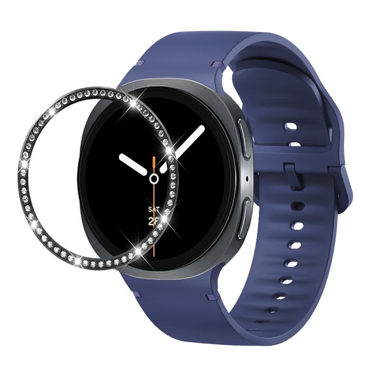 For Samsung Galaxy Watch8 44mm Diamond Bezel and Solid Color Stitched Silicone Watch Band(Midnight Blue Black)