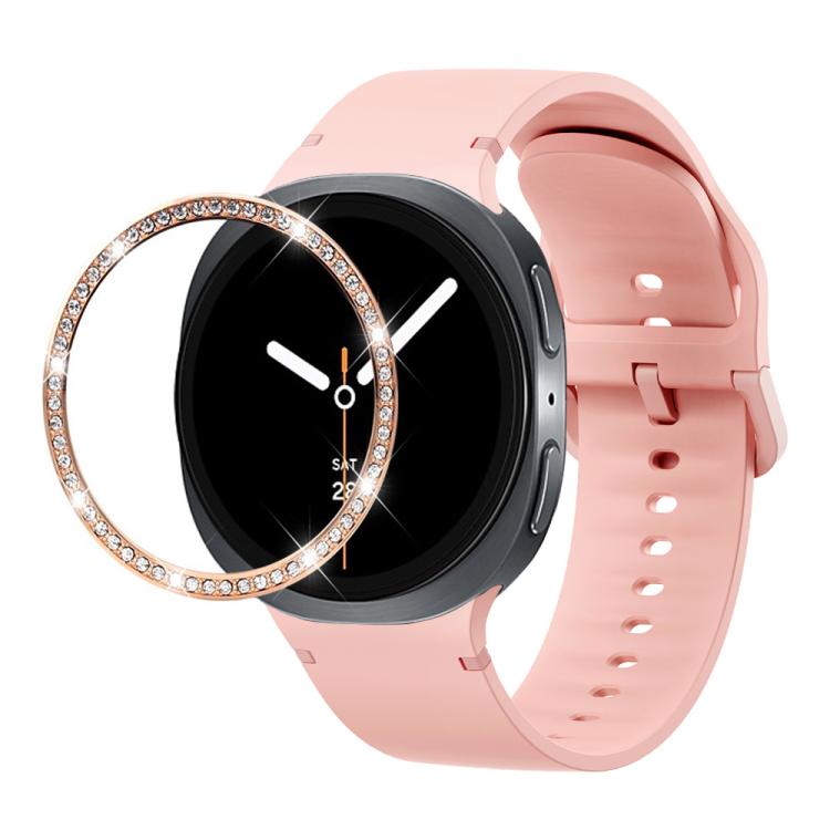 For Samsung Galaxy Watch8 44mm Diamond Bezel and Solid Color Stitched Silicone Watch Band(Pink Rose Gold)