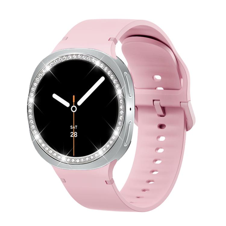 For Samsung Galaxy Watch8 40mm Diamond Bezel and Solid Color Stitched Silicone Watch Band(Light Pink Silver)