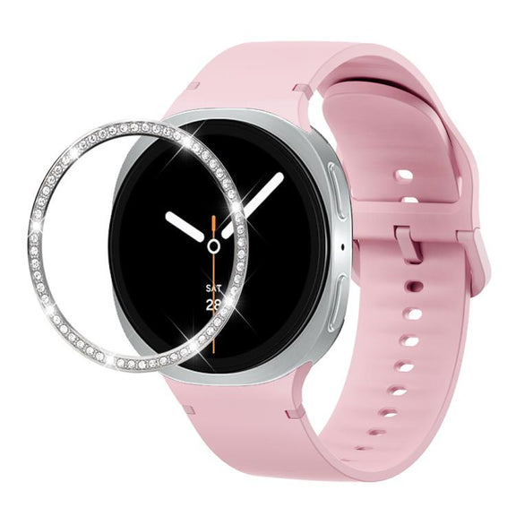 For Samsung Galaxy Watch8 40mm Diamond Bezel and Solid Color Stitched Silicone Watch Band(Light Pink Silver)