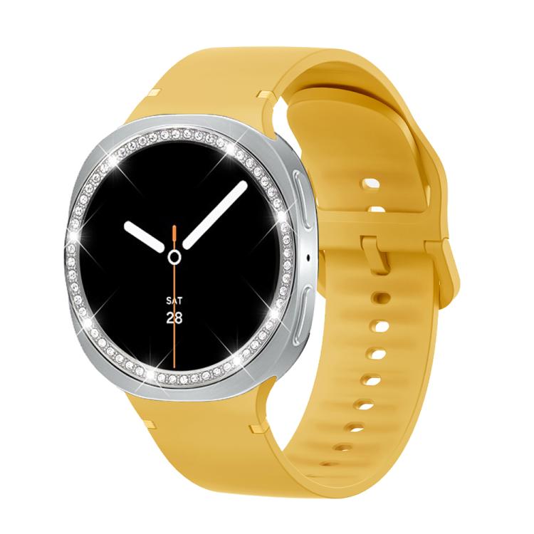 For Samsung Galaxy Watch8 40mm Diamond Bezel and Solid Color Stitched Silicone Watch Band(Official Yellow Silver)
