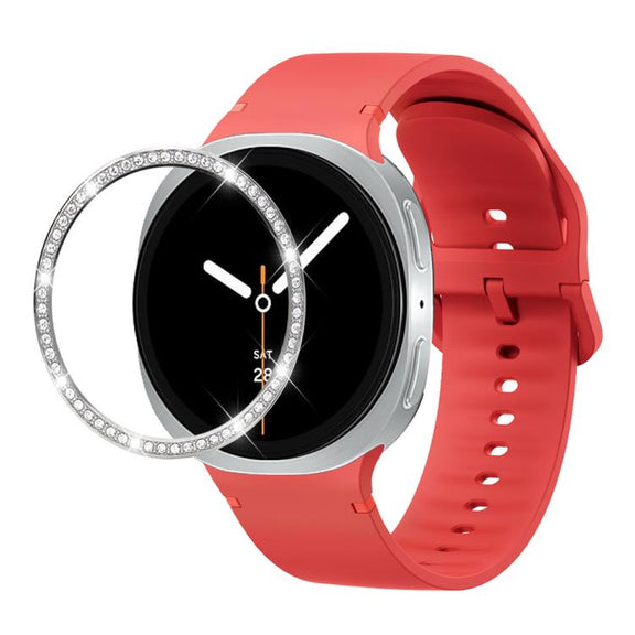 For Samsung Galaxy Watch8 40mm Diamond Bezel and Solid Color Stitched Silicone Watch Band(Red Silver)