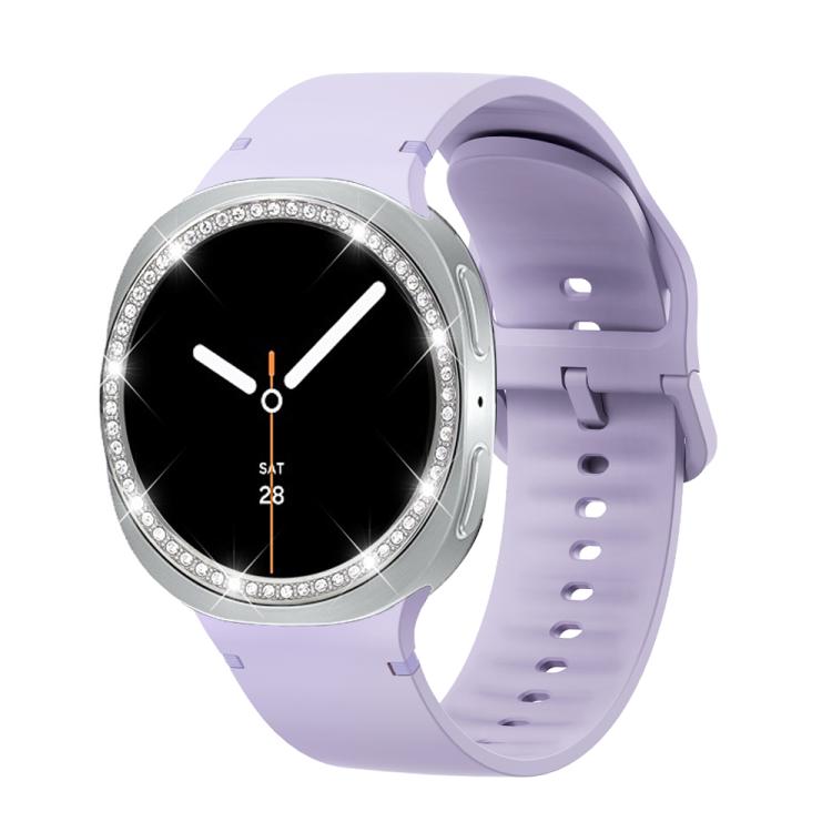 For Samsung Galaxy Watch8 40mm Diamond Bezel and Solid Color Stitched Silicone Watch Band(Official Purple Silver)