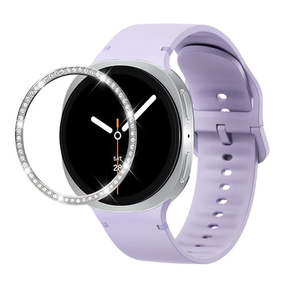 For Samsung Galaxy Watch8 40mm Diamond Bezel and Solid Color Stitched Silicone Watch Band(Official Purple Silver)
