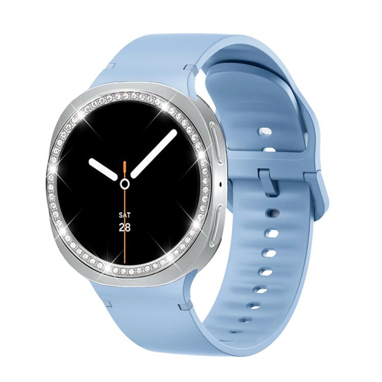 For Samsung Galaxy Watch8 40mm Diamond Bezel and Solid Color Stitched Silicone Watch Band(Light Blue Silver)