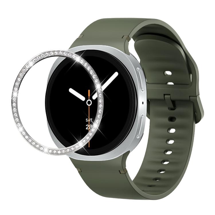 For Samsung Galaxy Watch8 40mm Diamond Bezel and Solid Color Stitched Silicone Watch Band(Army Green Silver)