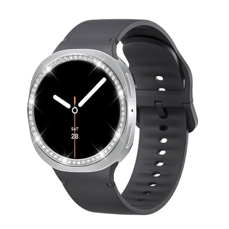 For Samsung Galaxy Watch8 40mm Diamond Bezel and Solid Color Stitched Silicone Watch Band(Dark Gray Silver)