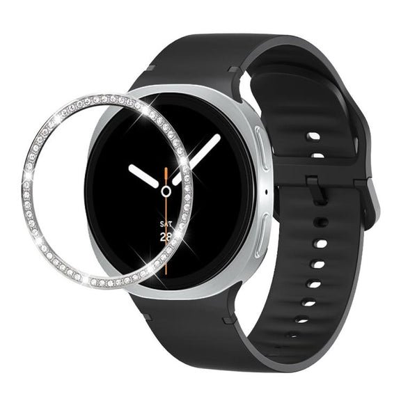 For Samsung Galaxy Watch8 40mm Diamond Bezel and Solid Color Stitched Silicone Watch Band(Black Silver)