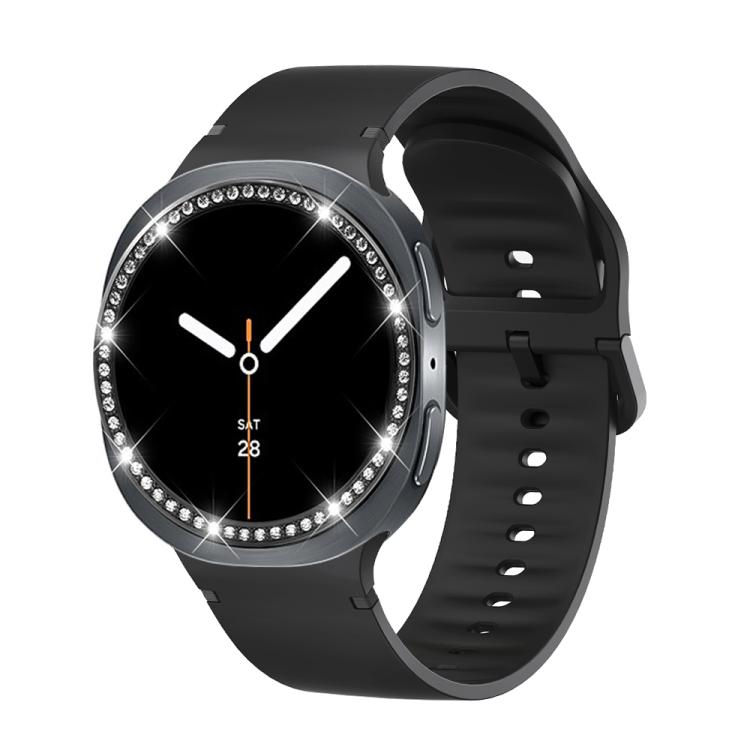 For Samsung Galaxy Watch8 40mm Diamond Bezel and Solid Color Stitched Silicone Watch Band(Black Black)