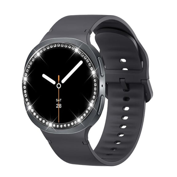 For Samsung Galaxy Watch8 40mm Diamond Bezel and Solid Color Stitched Silicone Watch Band(Dark Gray Black)