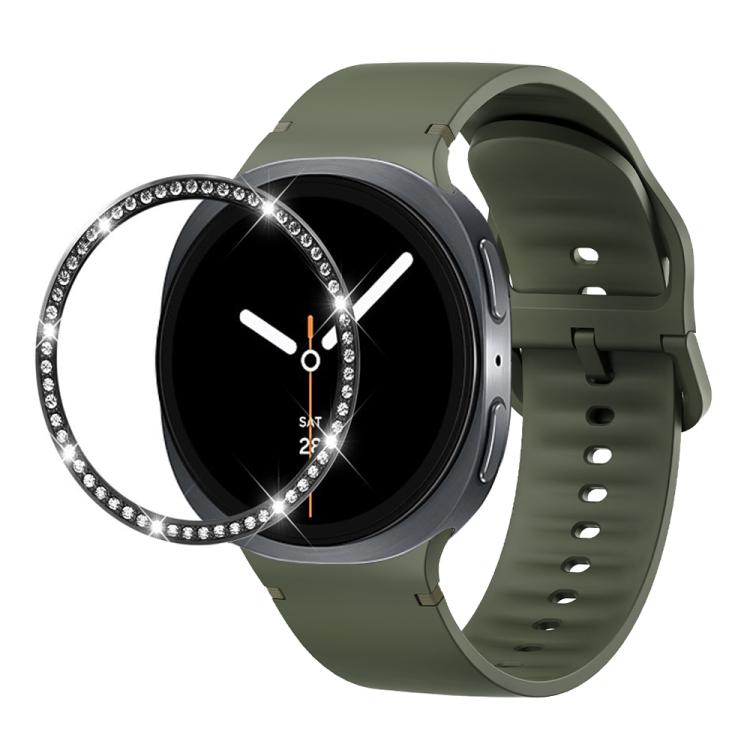 For Samsung Galaxy Watch8 40mm Diamond Bezel and Solid Color Stitched Silicone Watch Band(Army Green Black)