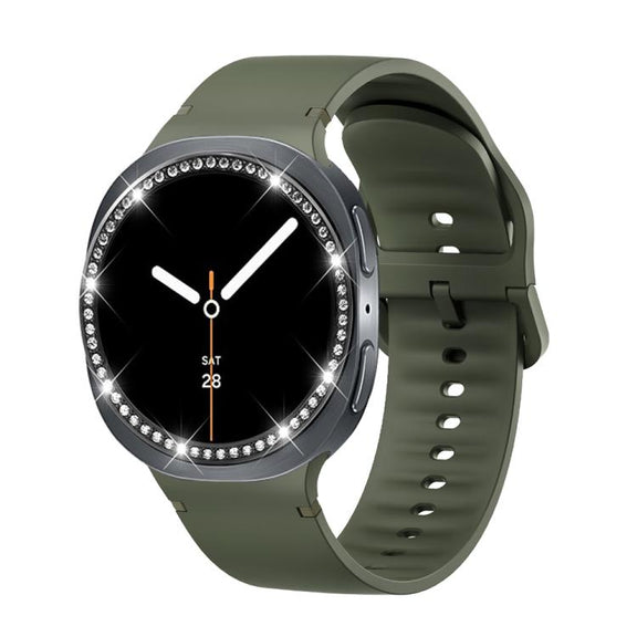 For Samsung Galaxy Watch8 40mm Diamond Bezel and Solid Color Stitched Silicone Watch Band(Army Green Black)