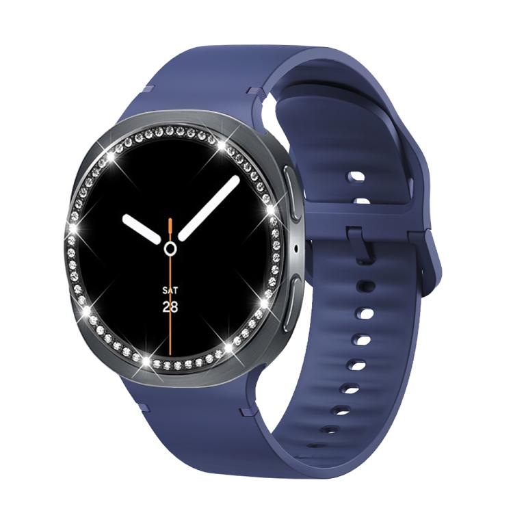 For Samsung Galaxy Watch8 40mm Diamond Bezel and Solid Color Stitched Silicone Watch Band(Midnight Blue Black)