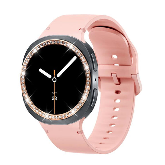 For Samsung Galaxy Watch8 40mm Diamond Bezel and Solid Color Stitched Silicone Watch Band(Pink Rose Gold)
