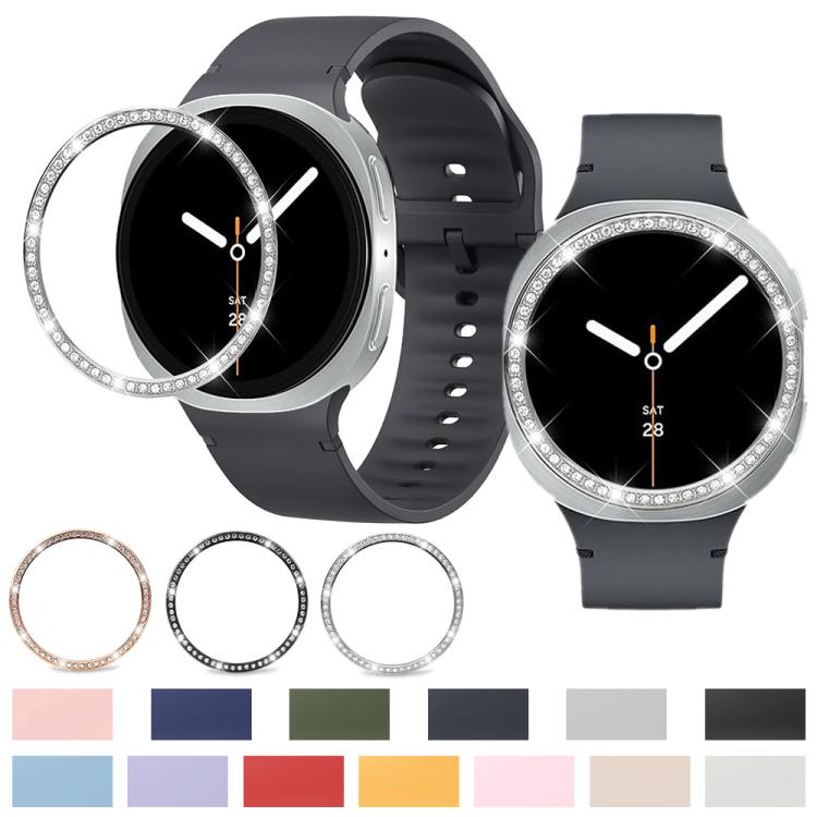 For Samsung Galaxy Watch8 44mm Diamond Bezel and Solid Color Stitched Silicone Watch Band(Dark Gray Silver)