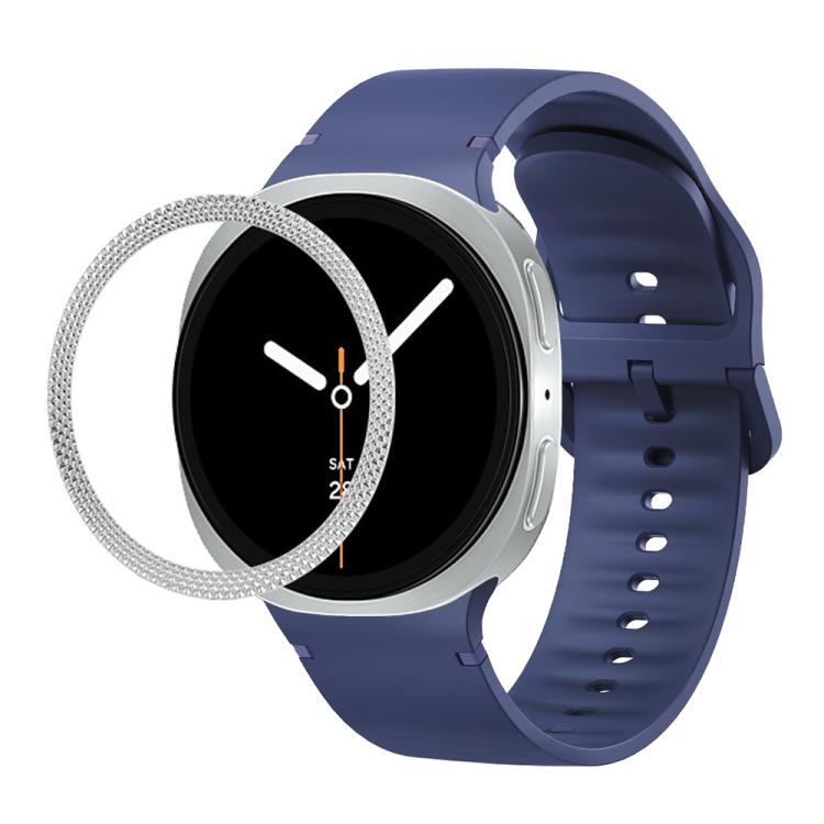 For Samsung Galaxy Watch8 44mm Rhombic Texture Bezel and Solid Color Stitched Silicone Watch Band(Midnight Blue Silver)