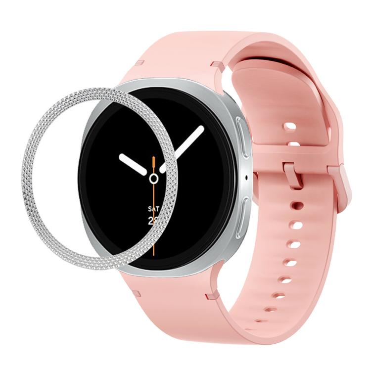 For Samsung Galaxy Watch8 40mm Rhombic Texture Bezel and Solid Color Stitched Silicone Watch Band(Pink Silver)