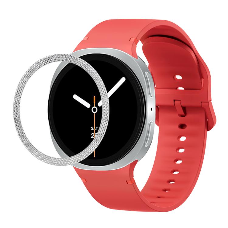 For Samsung Galaxy Watch8 40mm Rhombic Texture Bezel and Solid Color Stitched Silicone Watch Band(Red Silver)