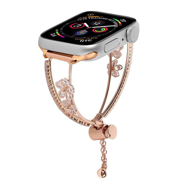 For Apple Watch 42mm / 41mm / 40mm / 38mm Copper-Inlaid Zircon 5-petal Flower Bracelet Watch Band(Rose Gold)