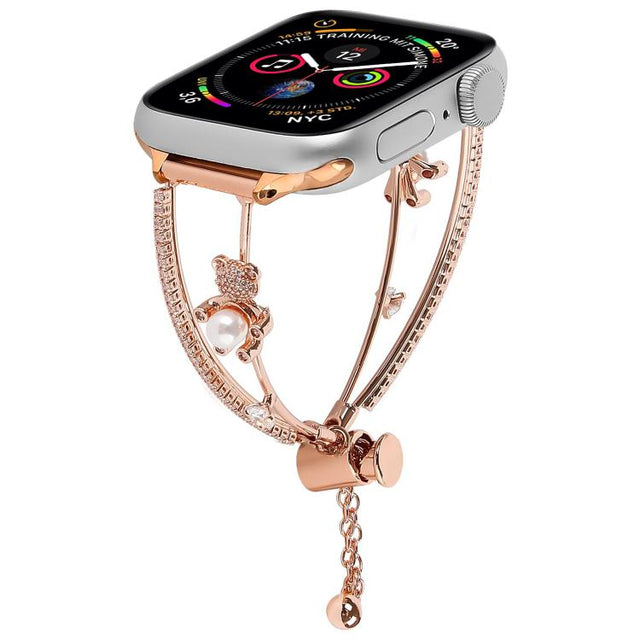 For Apple Watch 46mm / 49mm / 45mm / 44mm Copper-Inlaid Bear Zircon Bracelet Watch Band(Rose Gold)