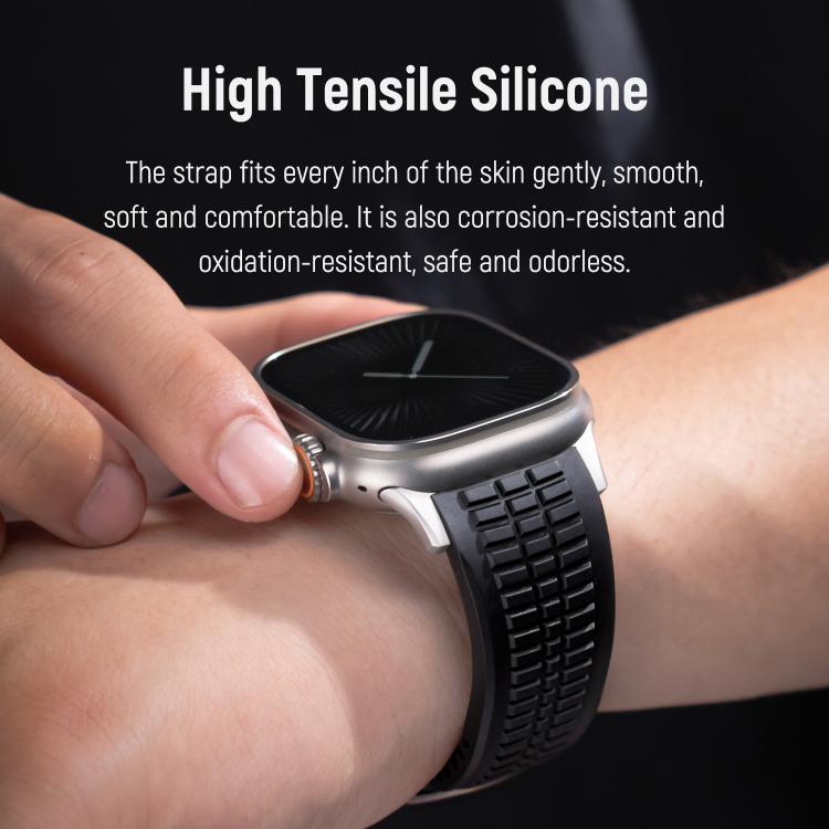 For Apple Watch 46mm / 49mm / 45mm / 44mm Knurled Texture Folding Buckle Silicone Watch Band(Black Curry)