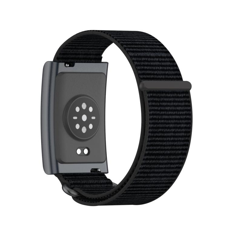 For Amazfit Helio Strap Metal Ring Two Sections Nylon Hook and Loop Fastener Watch Band(Deep Black)