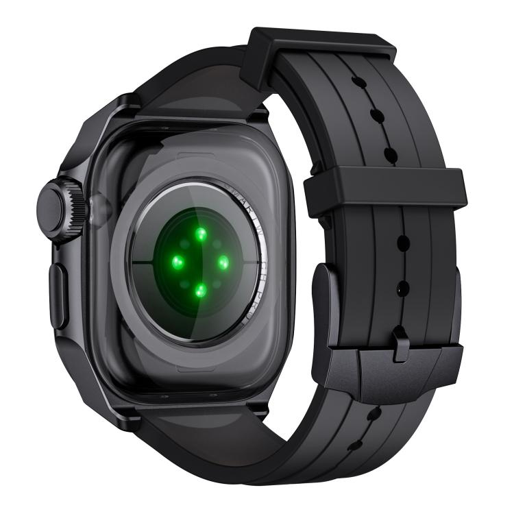 For Apple Watch Series 10 46mm Scale Model Integrated Metal Frame Silicone Watch Band(Black Frame Black Dial)