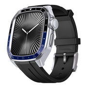 For Apple Watch Series 10 46mm Scale Model Integrated Metal Frame Silicone Watch Band(Silver Frame Black Blue Dial)