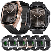 For Apple Watch Series 10 46mm Scale Model Integrated Metal Frame Silicone Watch Band(Rose Gold Frame Black Dial)