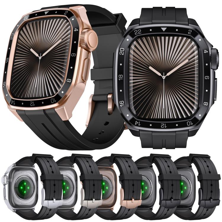 For Apple Watch Series 10 46mm Scale Model Integrated Metal Frame Silicone Watch Band(Titanium Frame Black Dial)