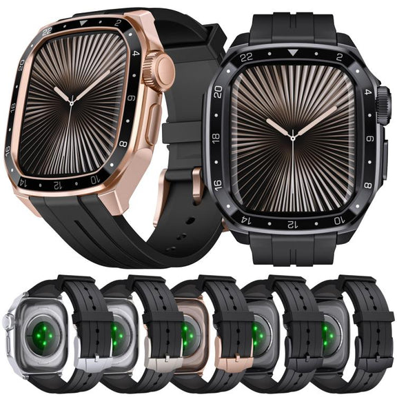 For Apple Watch Series 10 46mm Scale Model Integrated Metal Frame Silicone Watch Band(Titanium Frame Black Dial)