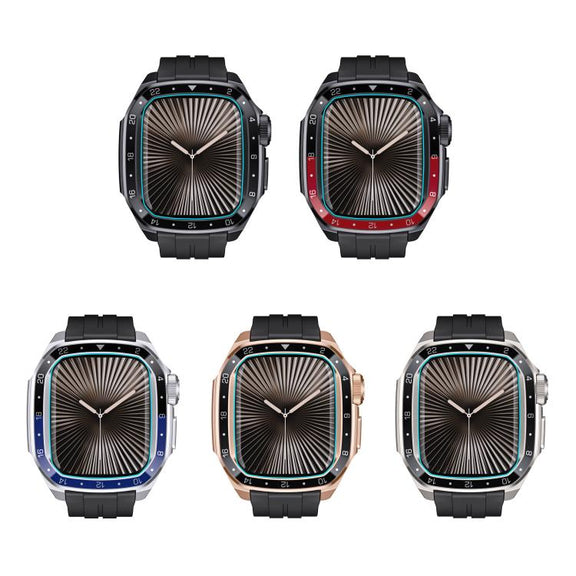 For Apple Watch Series 10 46mm Scale Model Integrated Metal Frame Silicone Watch Band(Black Frame Black Dial)