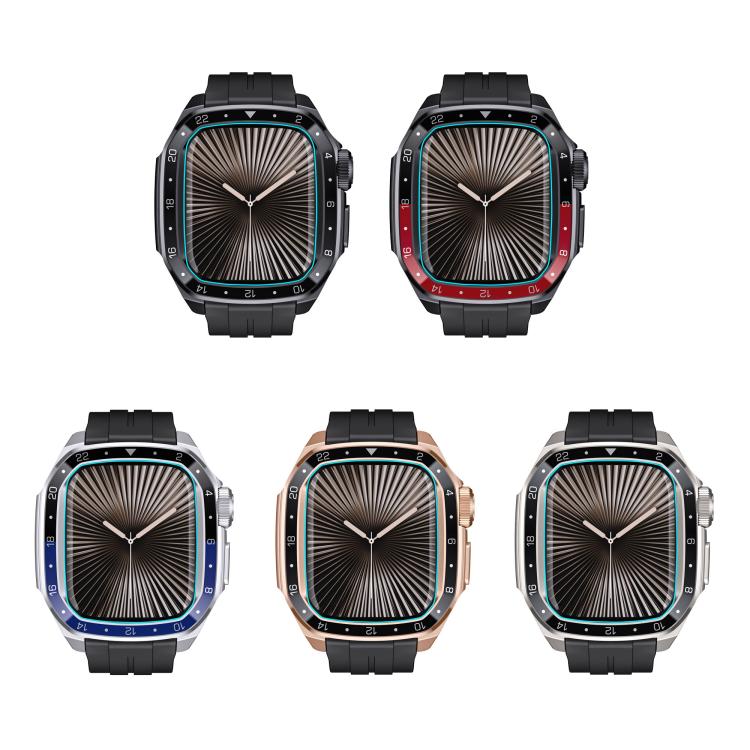 For Apple Watch Series 10 46mm Scale Model Integrated Metal Frame Silicone Watch Band(Silver Frame Black Blue Dial)