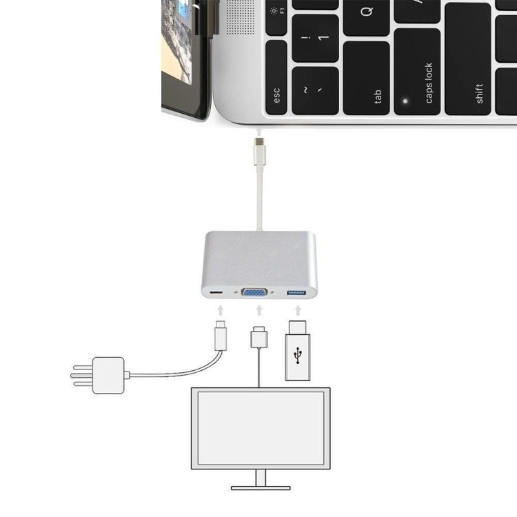 USB Type C to VGA 3-in-1 Hub Adapter supports USB Type C tablets and laptops for Macbook Pro / Google ChromeBook(Silver)
