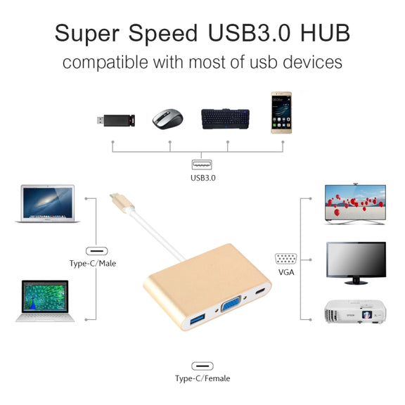 USB Type C to VGA 3-in-1 Hub Adapter supports USB Type C tablets and laptops for Macbook Pro / Google ChromeBook(Silver)