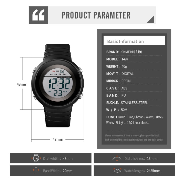 SKMEI 1497 Fashion Simple Backlight Single Display Electronic Watch Timing Alarm Watch(Black  White)