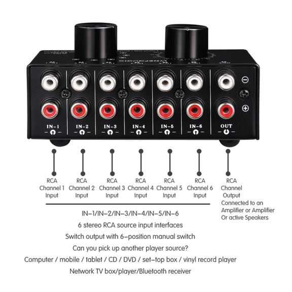 B016 6 Input 1 Output Audio Signal Source Selection Switcher, Output Volume Adjustment Control RCA Port