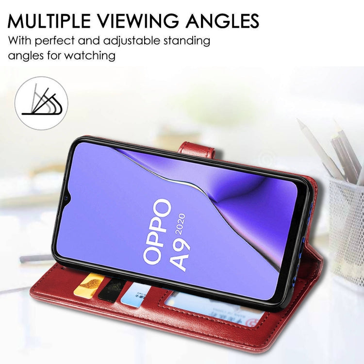 For OPPO A5 2020 / A9 2020 Retro Solid Color Leather Buckle Phone Case with Lanyard & Photo Frame & Card Slot & Wallet & Stand Function(Red)