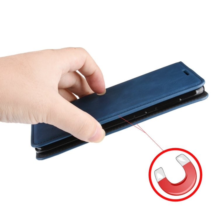 For OnePlus 7T Retro-skin Business Magnetic Suction Leather Case with Purse-Bracket-Chuck(Dark Blue)