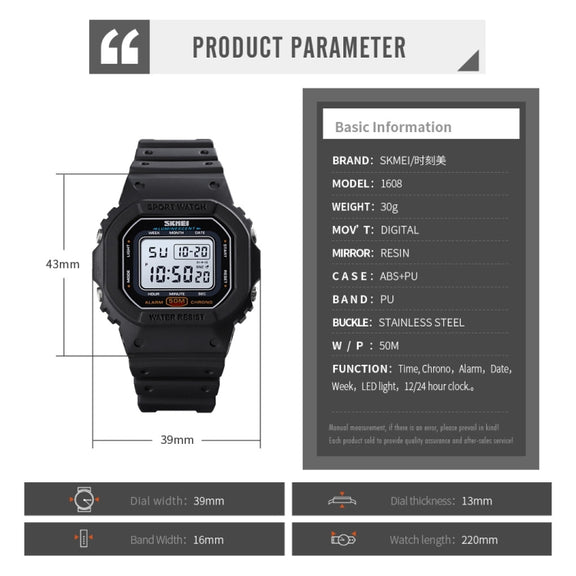 Skmei 1608 Multi-Function Student Electronic Watch Water-resistant Timing Silicone Sports Watch(Blue)