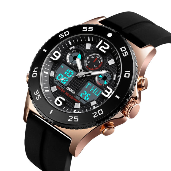 SKMEI 1538 Multi-Function Time Large Dial Steel Belt Men  Casual Sports Electronic Watch(Rose Gold-Silicone Belt)