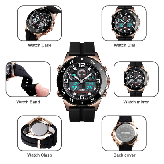 SKMEI 1538 Multi-Function Time Large Dial Steel Belt Men  Casual Sports Electronic Watch(Rose Gold-Silicone Belt)